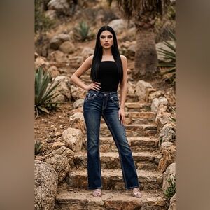 Paisley Sky Dark Blue Flare Jeans with Decorative Pocket